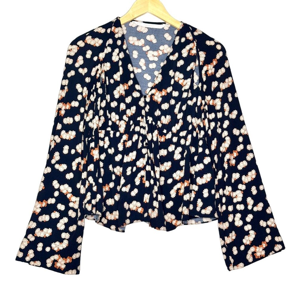 Zara Navy Floral Trafaluc Collection Peplum Long Bell Sleeve Button Top Size M